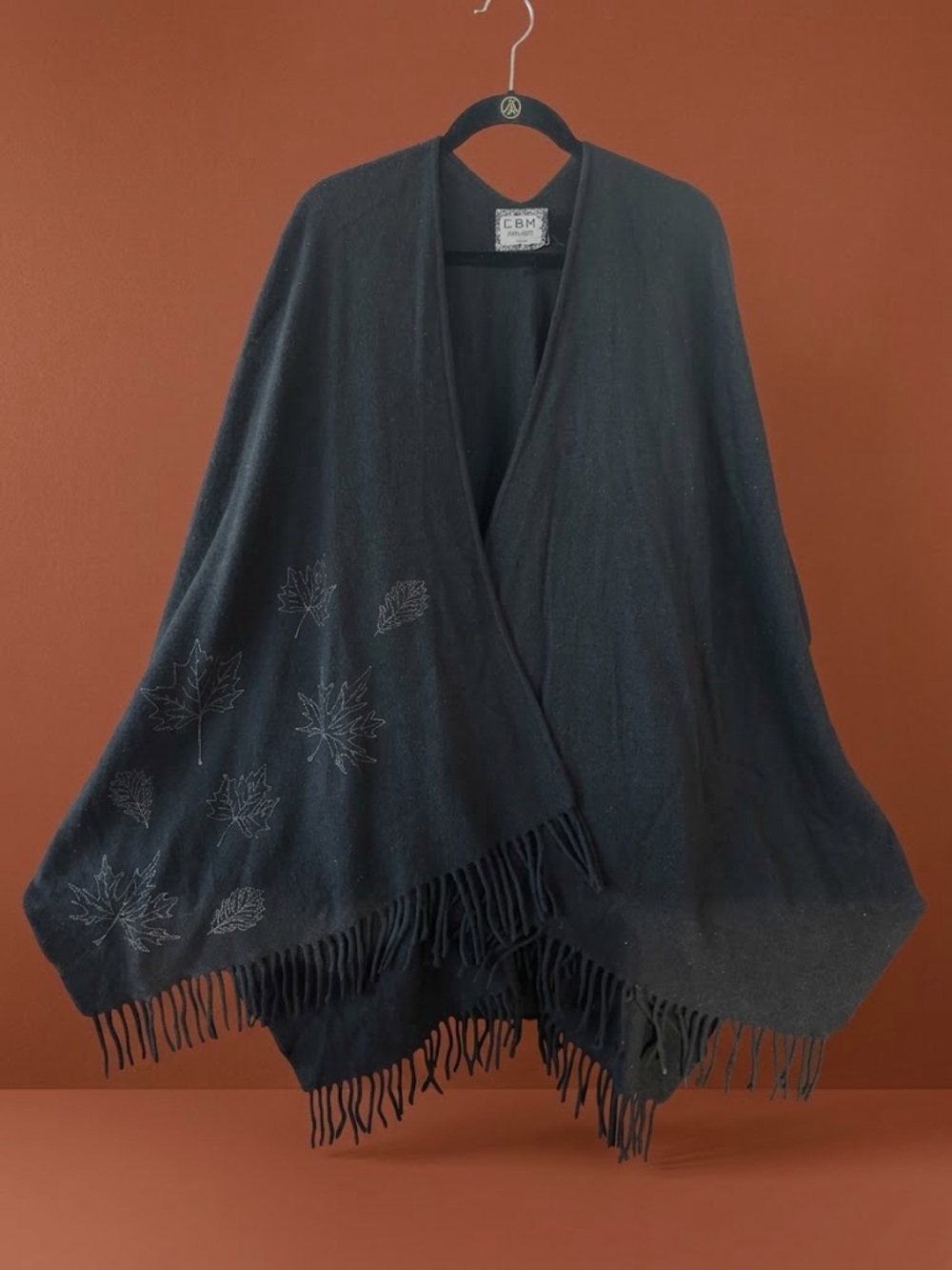 C.B.M. Project Italy Black Leaf Embroidered Fringe Poncho Wrap